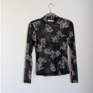 Just Female Anlia Black Floral Print Turtleneck Mesh Long Sleeve Top, size S